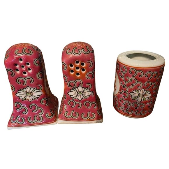 3 pc Vintage Asian Ceramic Salt & Pepper Shakers Toothpick Holder Pink Floral - Picture 8 of 11